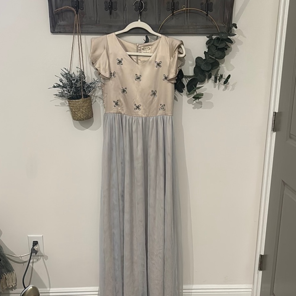 Joyfolie Cream and Gray Embellished Gown with Puff Sleeves